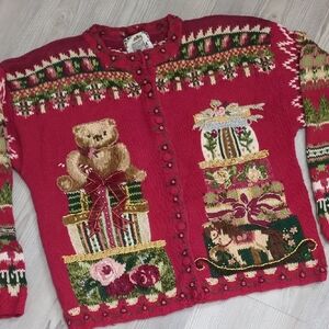 Tiara L Red Cardigan with Bear and Gift Heavy Ramie Blend Christmas Holiday
